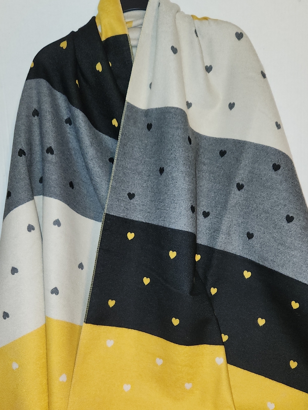 Women's Striped Heart-Print Shawl in Yellow, Gray & Black